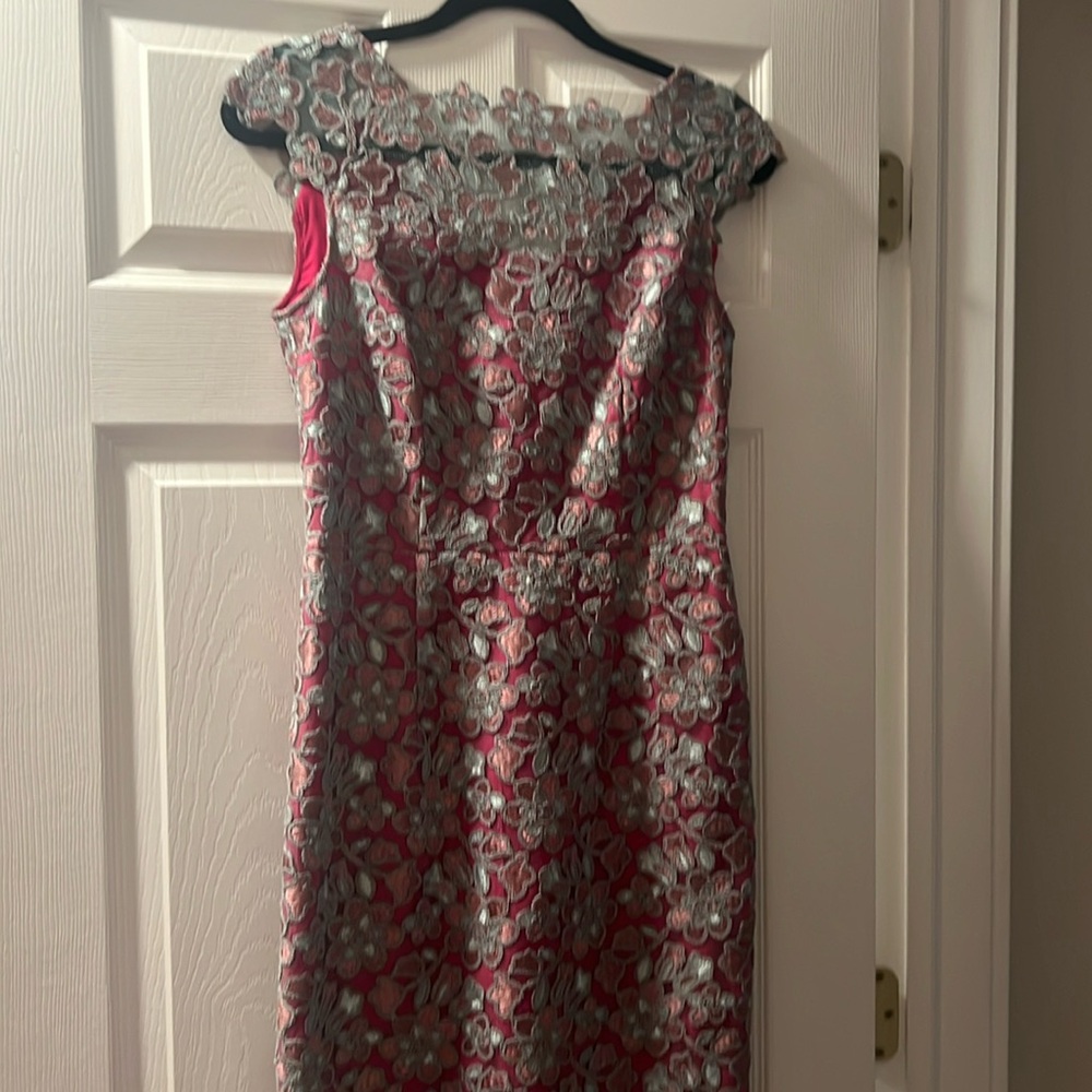 Cynthia Steffe teal and pink floral overlay